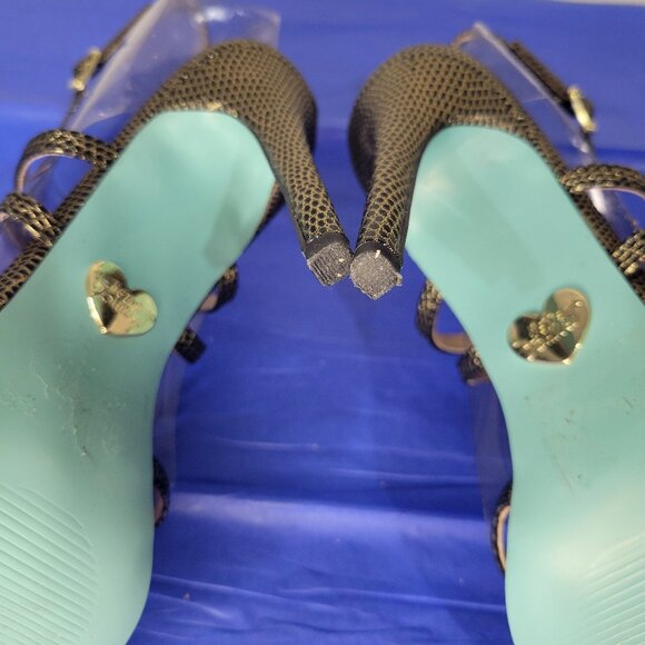 BETSEY JOHNSON Strappy Black & Gold Animal Print Heels - Picture 9 of 14